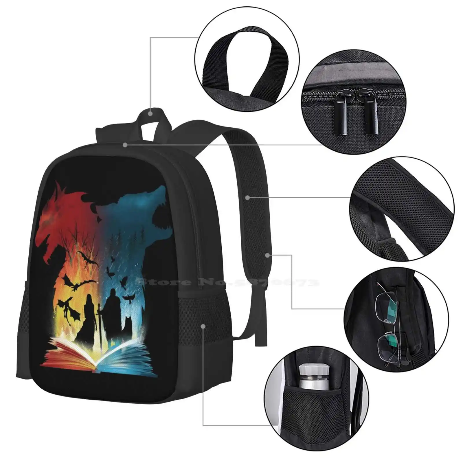 Book Of Fire And Ice Hot Sale Schoolbag Backpack Fashion Bags Books Reading Author Graphic Novel Bookworm Movies Tvseries Pop image 4