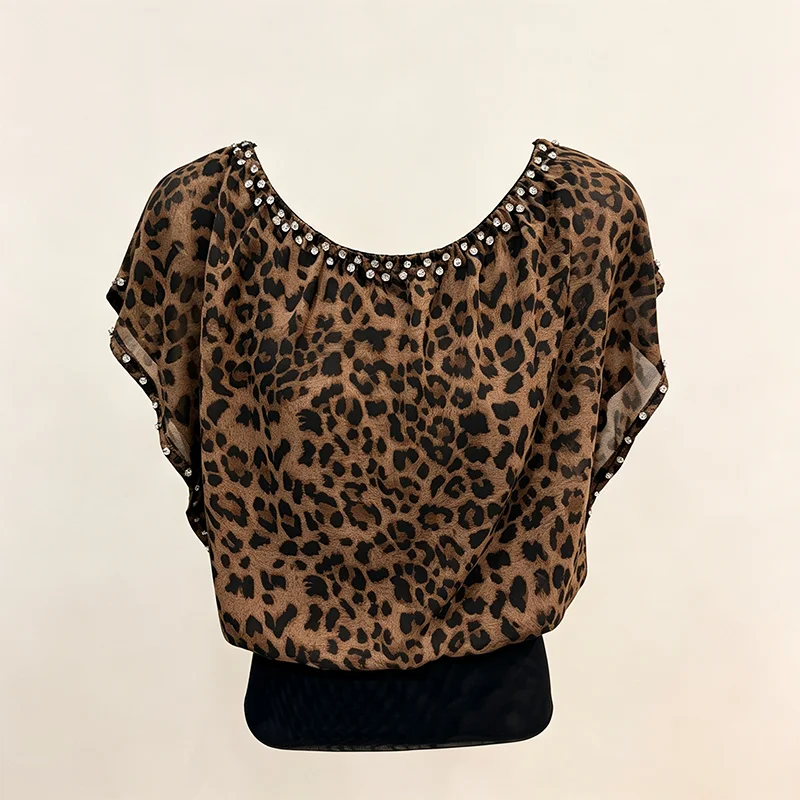 MadBlack-Women European Shirt, Sexy O Neck Leopard Beading, Hotsweet Short Sleeve Loose Chiffon Blouse, 2026 Summer New T66834CC