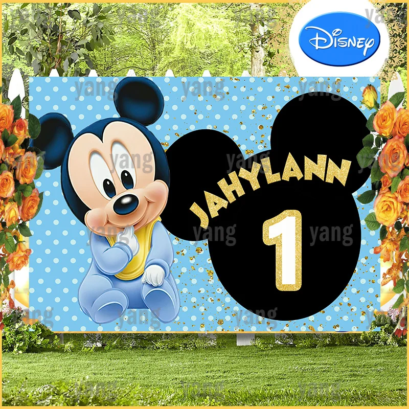 Lovely Custom Cartoon Disney Baby Mickey Mouse Cute Dots First Birthday Party Decoration Blue Backdrop Photography Background