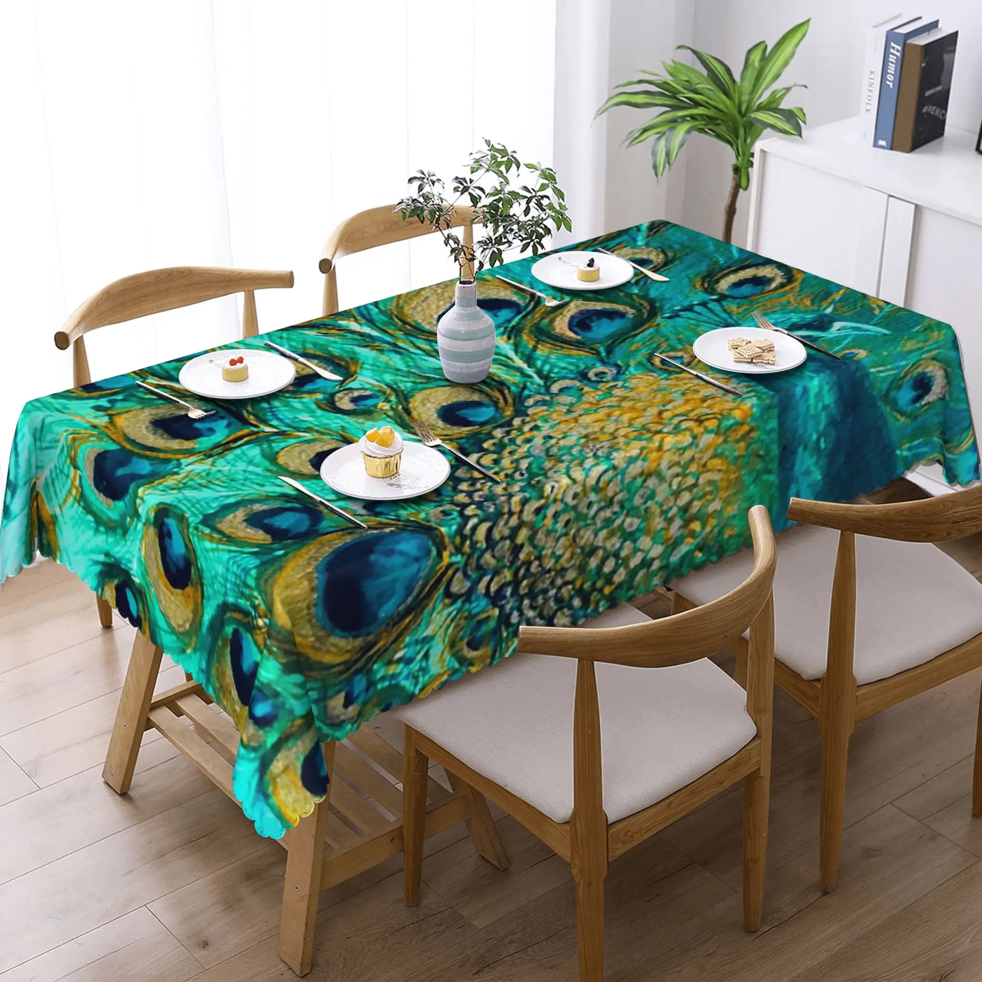 

Custom Colourised Aqua Peacock Feathers Rectangular Tablecloth Waterproof Table Cover for Festival Party Decorations Table Cloth