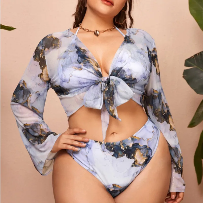 

Plus Size Bikini Set Women 2023 Swimwear Cover-up 3-Pieces Swimsuit Push Up Woman Sexy Bathing Suit Beach Wear Swimming Monokini