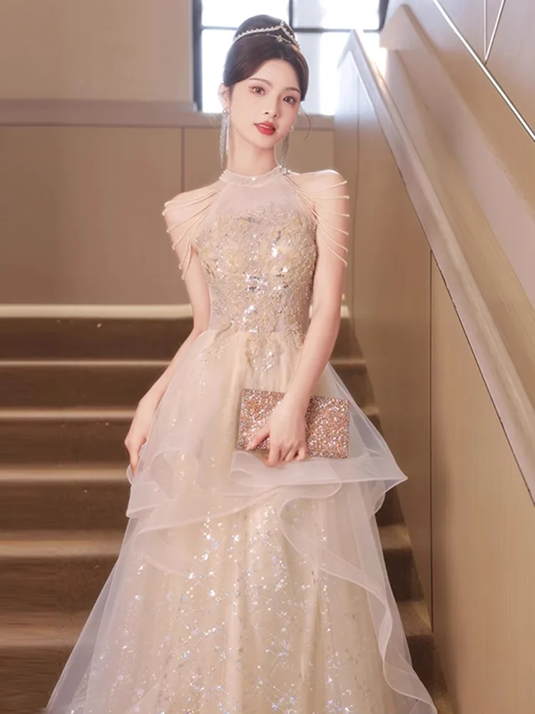 

Ele Champagne Color Evening Gown Ne Hanging Sle Women's Adult Ceremony Host Formal Performance Costume Conductor Suit