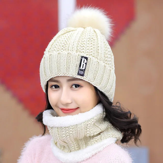 Winter Hat Women Knitted Scarf Hat B Letter Bonnet Beanie Ski Cap Men Outdoor Cycling 2pc Sets Thick Warm Skullies With Fur Ball