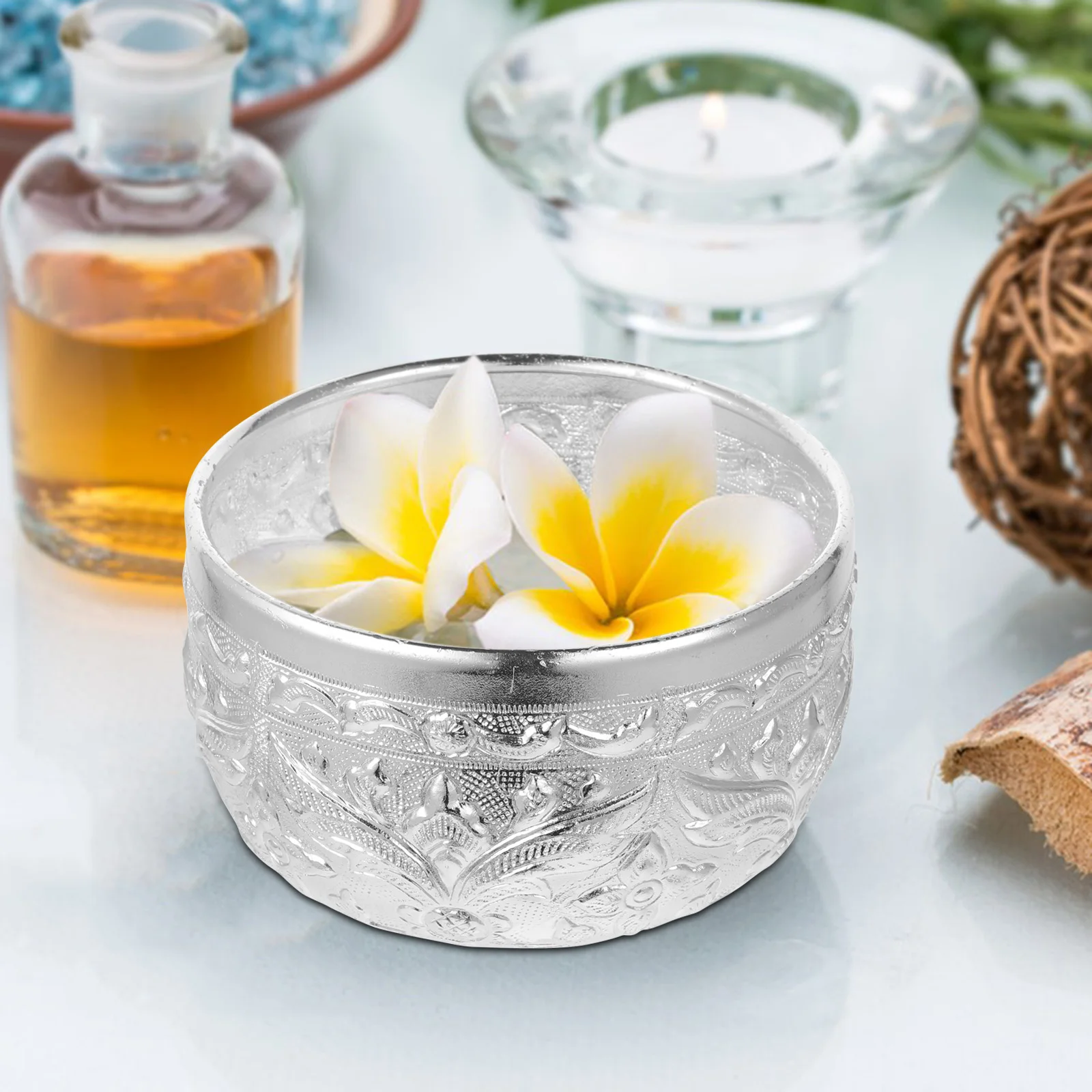 

Thai Traditional Carved Tin Decorative Water Salon Essential Oil Storage Bowl Vintage Style Smooth Surface Premium Material