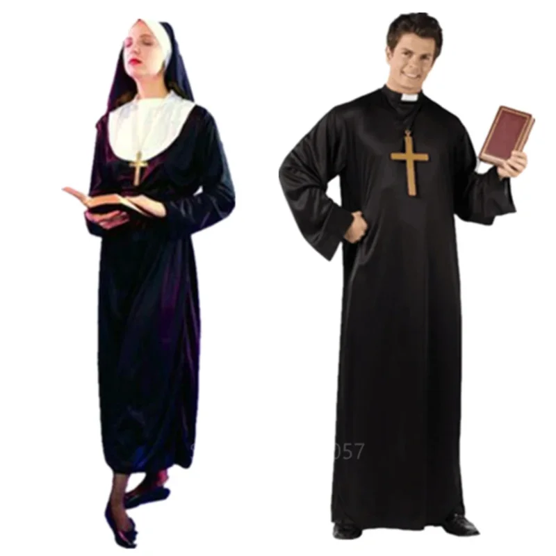 Costumi Cosplay di Halloween per le donne vestiti carnevale sacerdote Nun abiti lunghi religiosi chiesa cattolica abbigliamento uomo cattolico