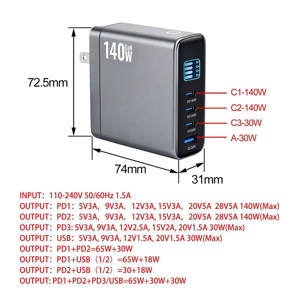 140W Multi-Port3C1A GaN Fast Charging 4-Port Desktop Smart Digital Display PD3.1 USB Type C Charger for iPhone Xiaomi Laptop