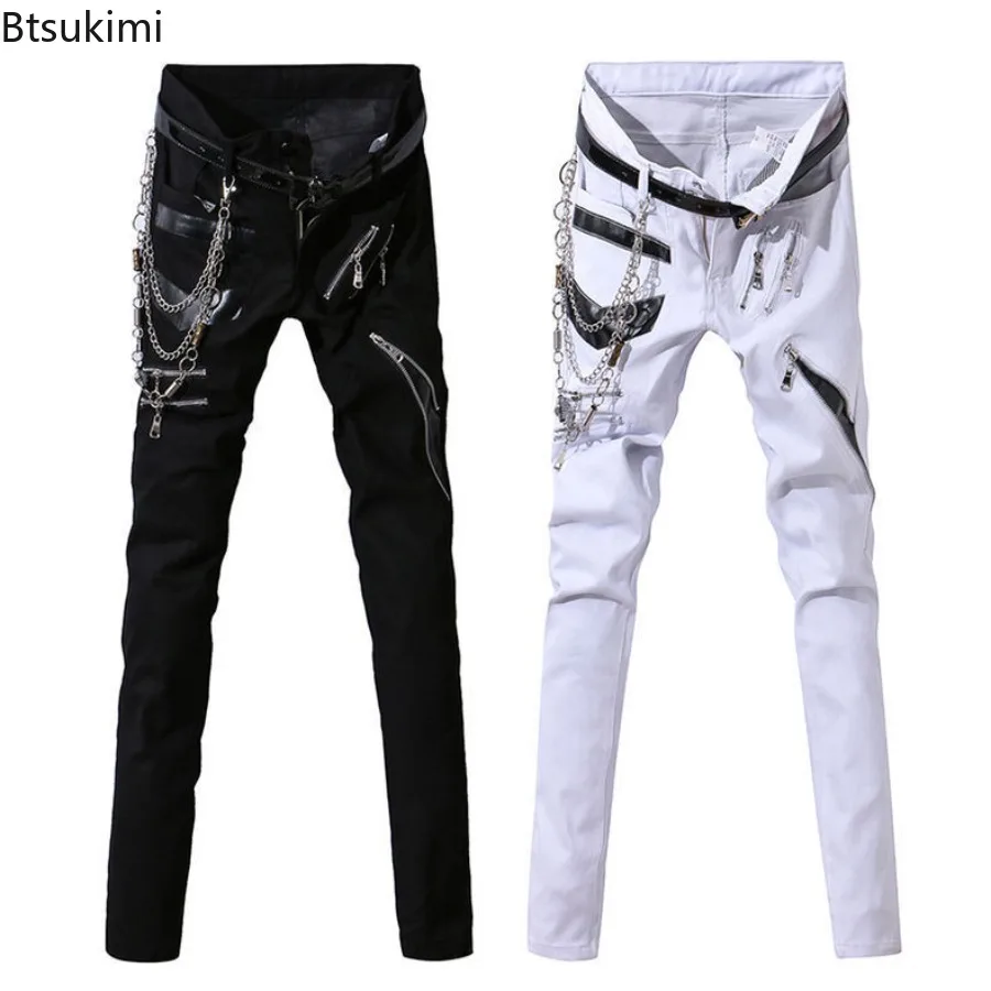 New Men's Biker Jeans Korean Style Spring Autumn Fashion Slim Patchwork Trousers Hip Hop Streetwear Gothic Punk Denim Pants Male