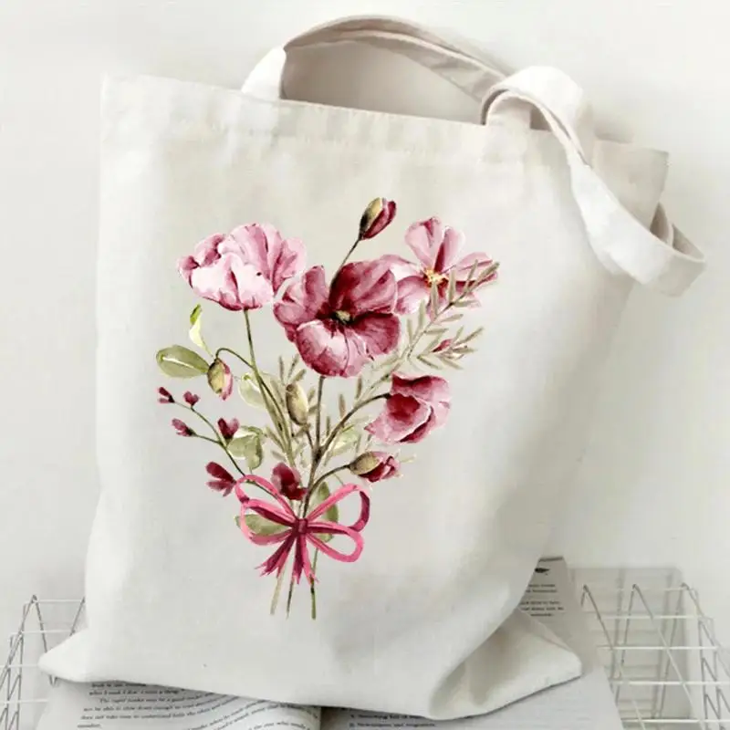 Cute Flowers Minimalist Black Floral Canvas Tote Bag Watercolor Flower Bouquet Print Reusable Shoulder Bag for Women Work School