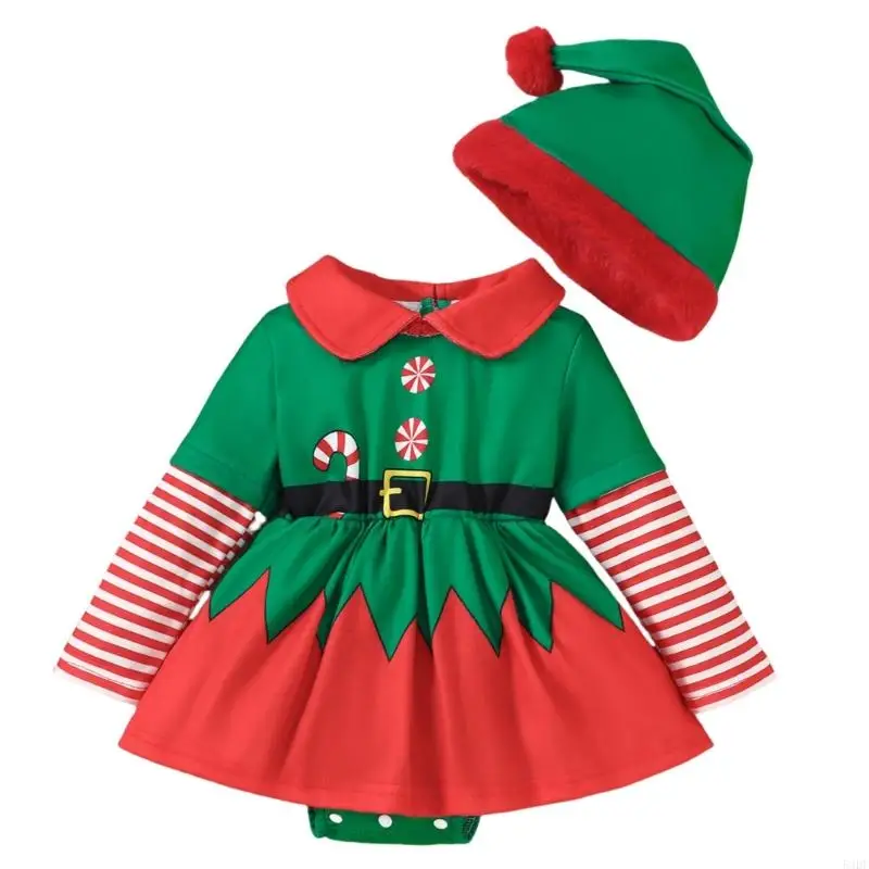 54DF Baby Triangular Crawling Suit Holiday Stripe Contrast Long Sleeve Romper Christmas Dress with Hat Props for Daily Party