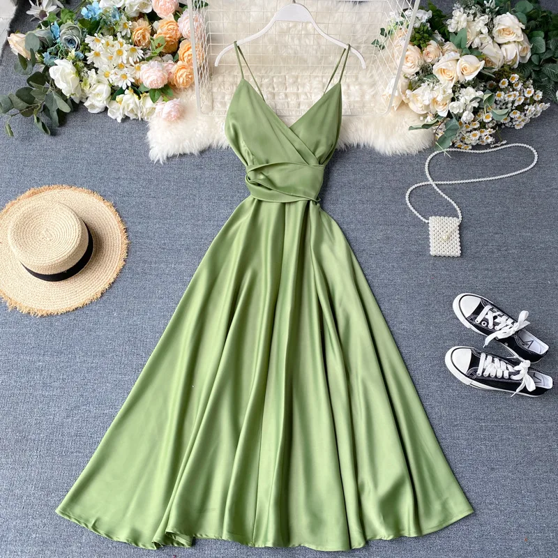 Gentle Style Long Skirt Children's Summer Dress 2024 New Goddess Heart Machine Backless Lace Up Waist Strap Dress Party Dresses