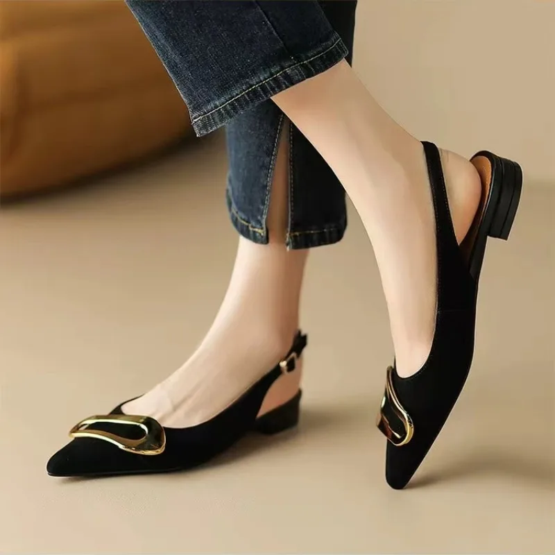 Low Sandals Woman Leather Low-heeled Rome Fabric Rubber Slides Hoof Heels PU Low Sandals Woman Leather Low-heeled PU Rubber Rome