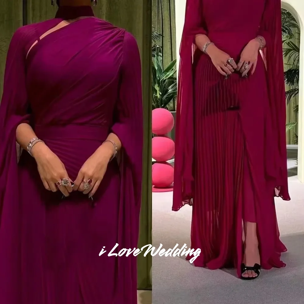 

Fuschia High Collar Prom Dress Chiffon A-line Shawl Side Split Bespoke Occasion Dresses Elegant Floor-Length Pleated Customized