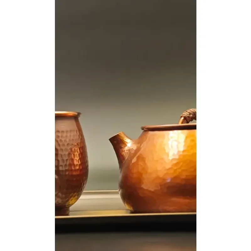 Hand Forged Pure Copper Teapot Set Lotus Pattern Woven Handle Kettle With Black Gold Tray Traditional Chinese Tea Ware Gift