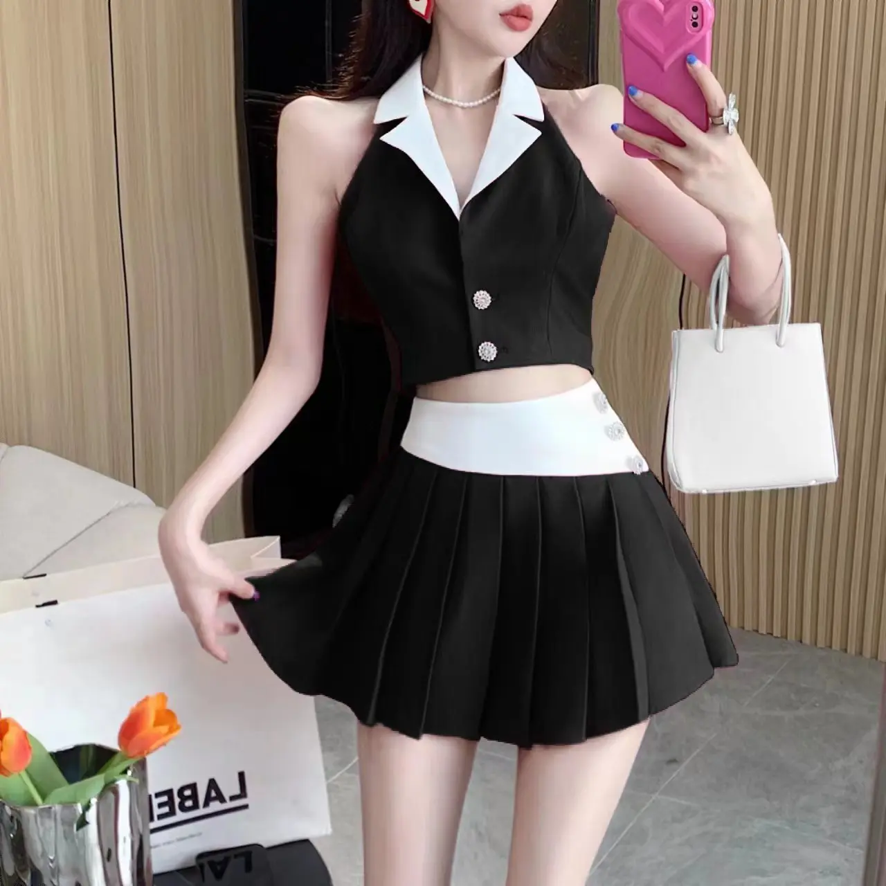 섹시하고 매력적인 여성용 넥 행잉 플립 칼라 미니 슈트 탑, 패션 비대칭 하이웨이스트 컬러 블록 플리츠 스커트 투피스 세트