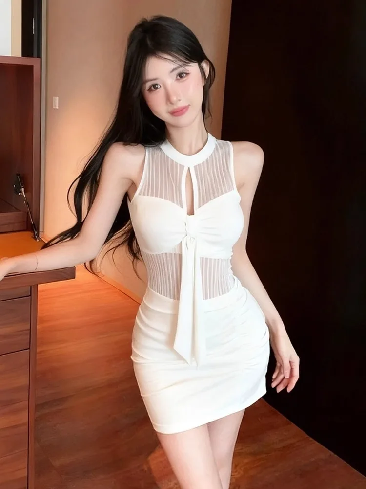 Foamlina rayé maille Patchwork robe sans manches femmes Sexy col rond découpé robe serrée bas enveloppé hanche robe fête Clubwear