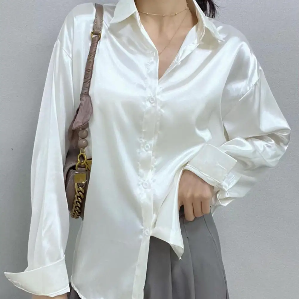 Satin Shirt Womens Clothing Silk Shirts Vintage Blouse Office Lady Sheer Top Lapel Single-breasted Solid Women Shirt Blouse