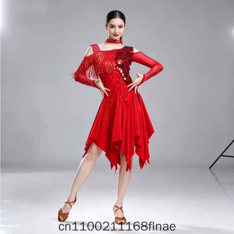 Latin Dance Performance Costume Professional Competition Costume for Female Adults 2026 New Sequined Long Sleeved Tassel Dress