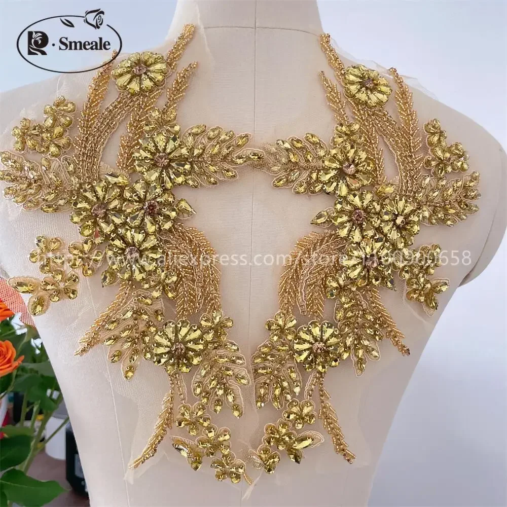 1Pair New Color Hand-sewn Glass Drill Mirror Flowers Sparkling Rhinestone Coats Waistbands Shoulders Wedding Dress DIY Patch