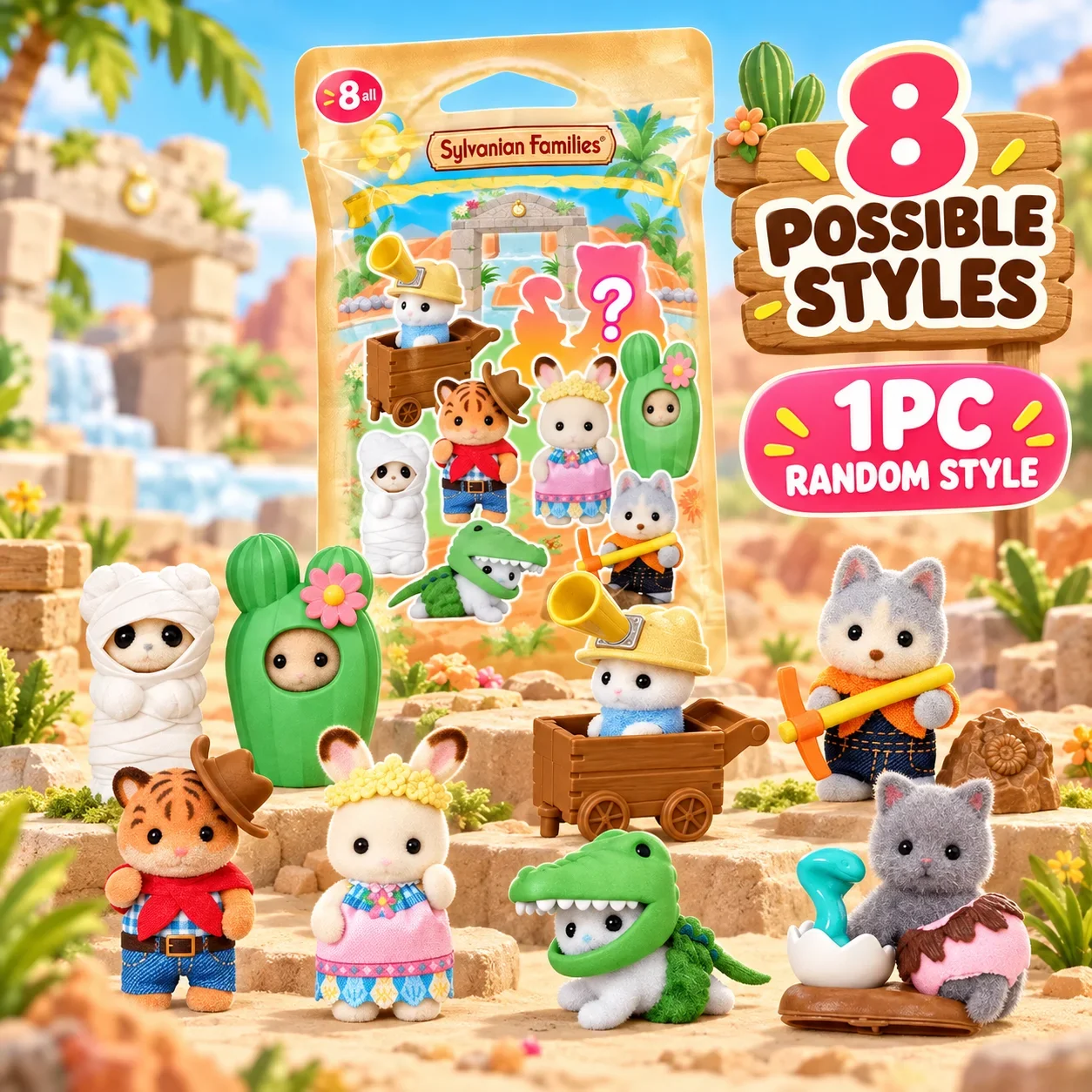 Sylvanian Families Baby Adventure Series Random 1pc 8 Styles Mini Figure Toy Flocked Baby Doll with  Costume Accessories