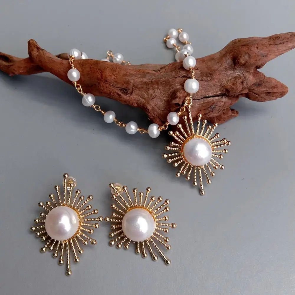Cultured White Potato Pearl Necklace Earrings Set Women Jewelry Sets Gift