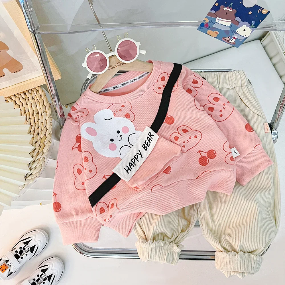 

2024 Spring New Baby Boys Girls Clothing Sets Cartoon Bear Rabbit Long Sleeve Sweatshirt Tops + Pants Children's Casual Clothes