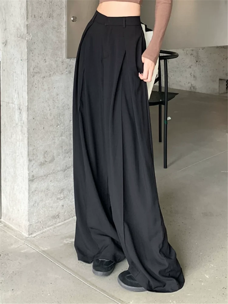 Lazy Style Black Suit Pants Women Spring Coffee High Waist Drooping Wide-leg Straight Casual Pants Y2k Girl Loose Flat Trousers