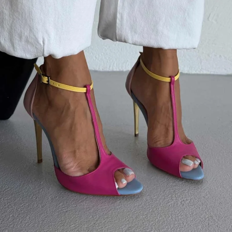 Mischfarbige Matte Leder-Sandalen Sexy Spitze Dünne Absätze Verdeckte Absätze Maßgefertigte Neuheiten Modische Damen-Moderne Schuhe