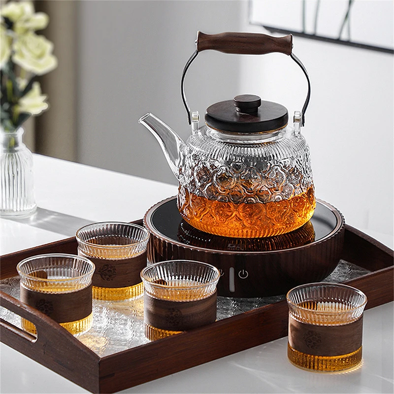 Glass Teapot with Infuser Handle High Borosilicate Tea Kettle Flower Tea Set Kitchen Induction Gas Stove Tea Pot Home Teaware