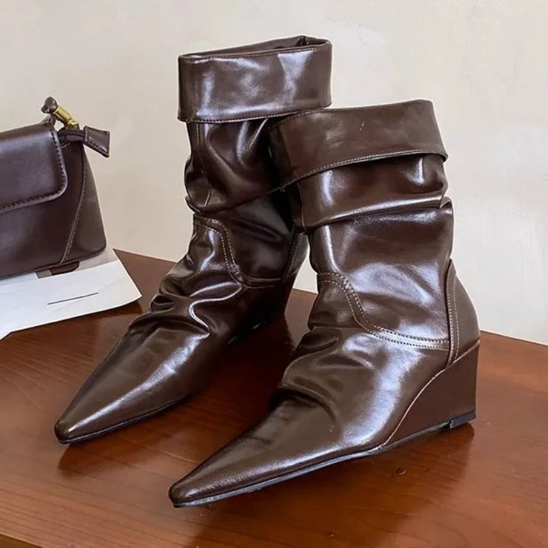 

Осенне-зимние плиссированные ботильоны на танкетке для женщин, модные нескользящие современные короткие ботинки с острым носком, женские туфли на каблуке, Zapatos Mujer