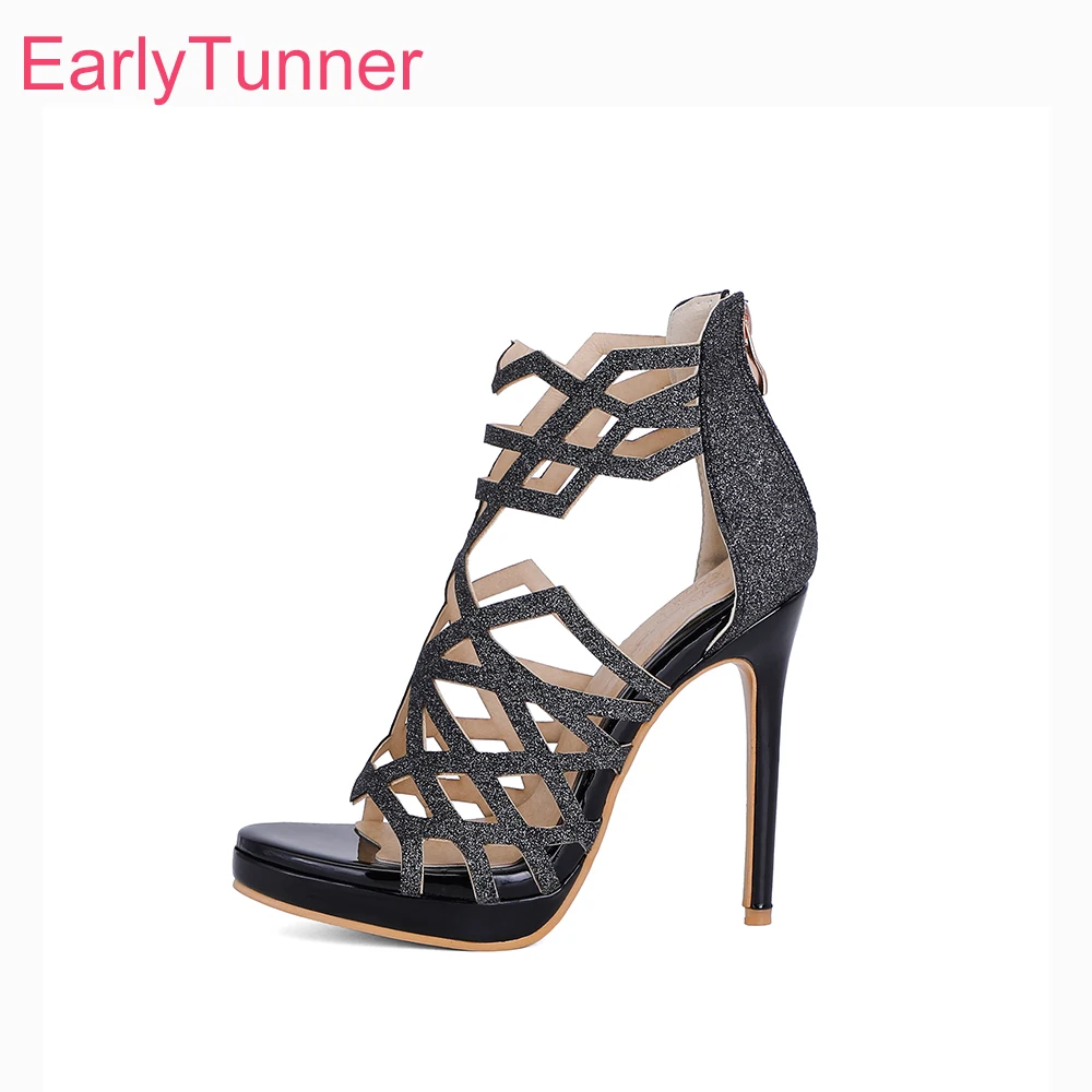 

2026 Summer Glitter Cage Platform Sandals for Women High Thin Heels Lady Party Shoes Large Small Plus Size 12 32 46 50