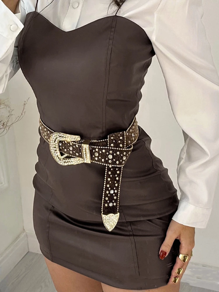 

Casual Long Sleeve Solid 2 Piece Suit Women Elegant Mini Skirt Suit Fashion Turn-Down Collar Button Shirt & Sling PU Leather Set