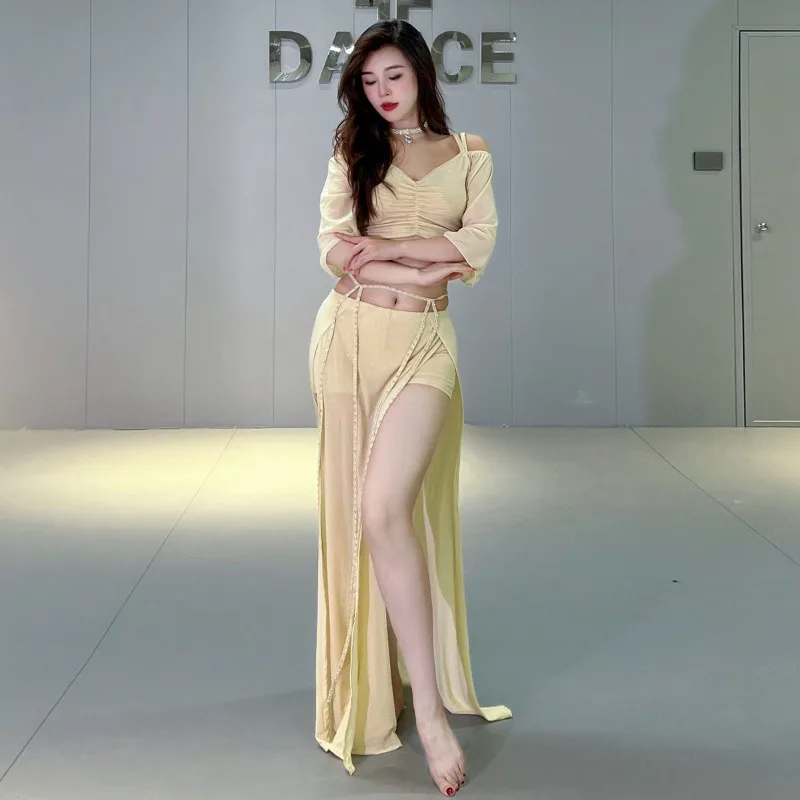 Trajes de dança do ventre mocha personalizados, conjunto de roupas de prática de malha, vestido de classe, top + saia (saia vem com calças de segurança)