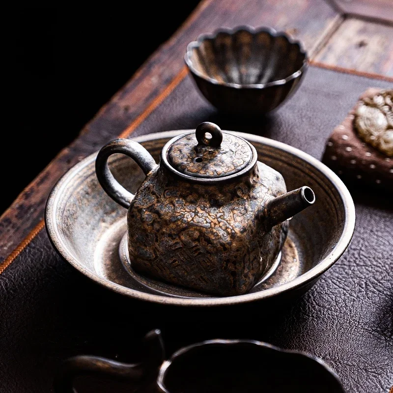 Old Rock Mud Rough Pottery Tea Pot Retro Black gold glazeTeapot  Kettle Ceremony  Making Single Pot Ceremony