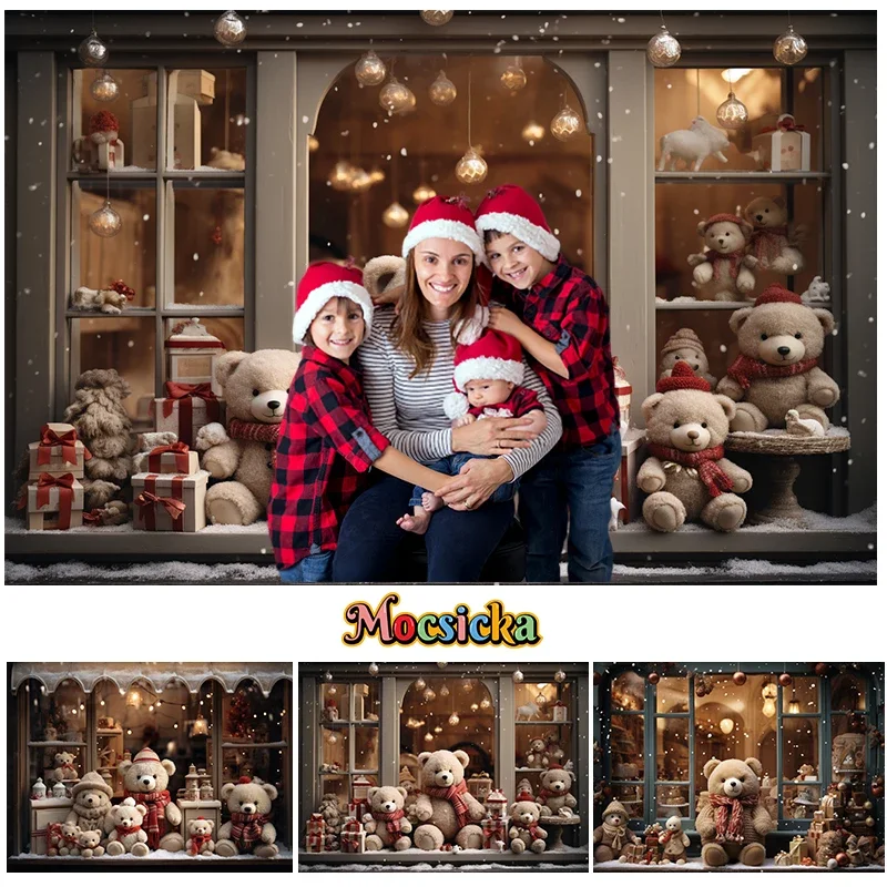 Mocsicka ฉากหลังสำหรับถ่ายภาพในฤดูหนาว, หน้าต่างคริสต์มาสร้านซานต้ารูปหมีสำหรับเด็กครอบครัวปาร์ตี้ฉากหลังสตูดิโอถ่ายภาพ