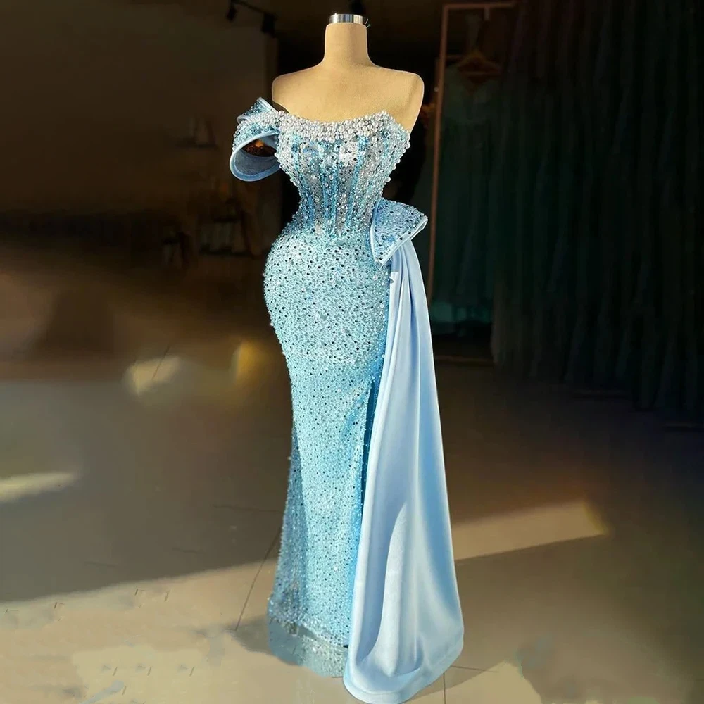 

Luxurious Sparkling Mermaid Lace Pearl Party Evening Dress Sexy Off Shoulder Side Split Formal Occasion Ball Dress Customized
