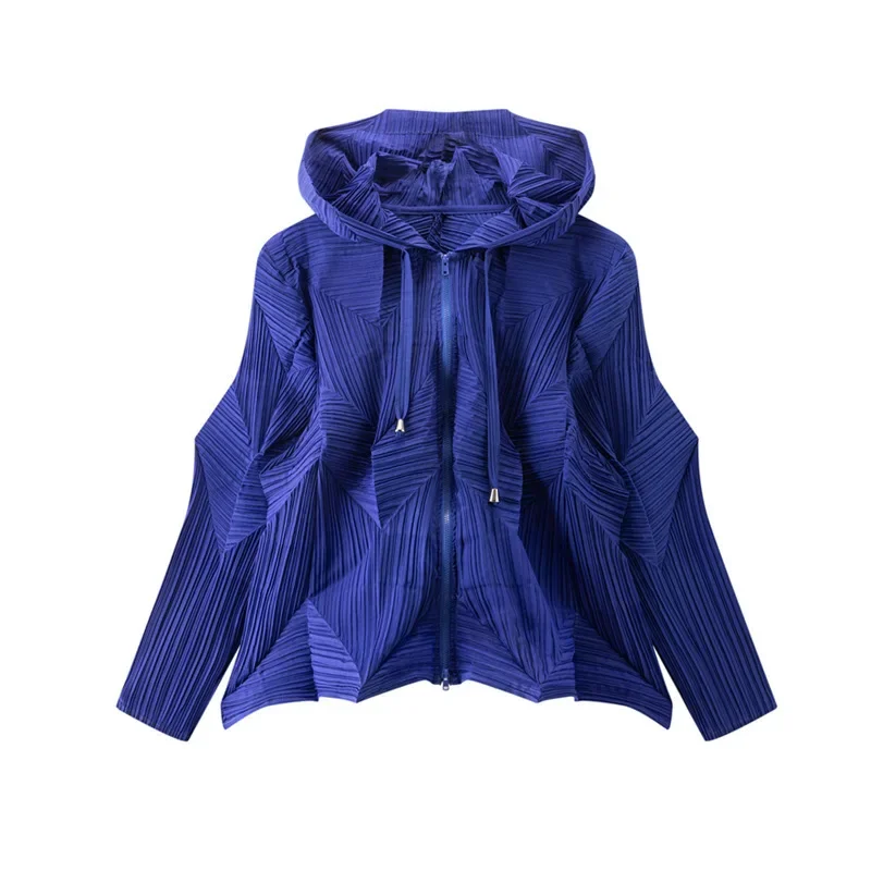 Chaqueta corta para mujer, Top holgado informal con cremallera, ropa de verano 2025, Miyake, Color sólido, manga de murciélago con capucha, plisado Irregular