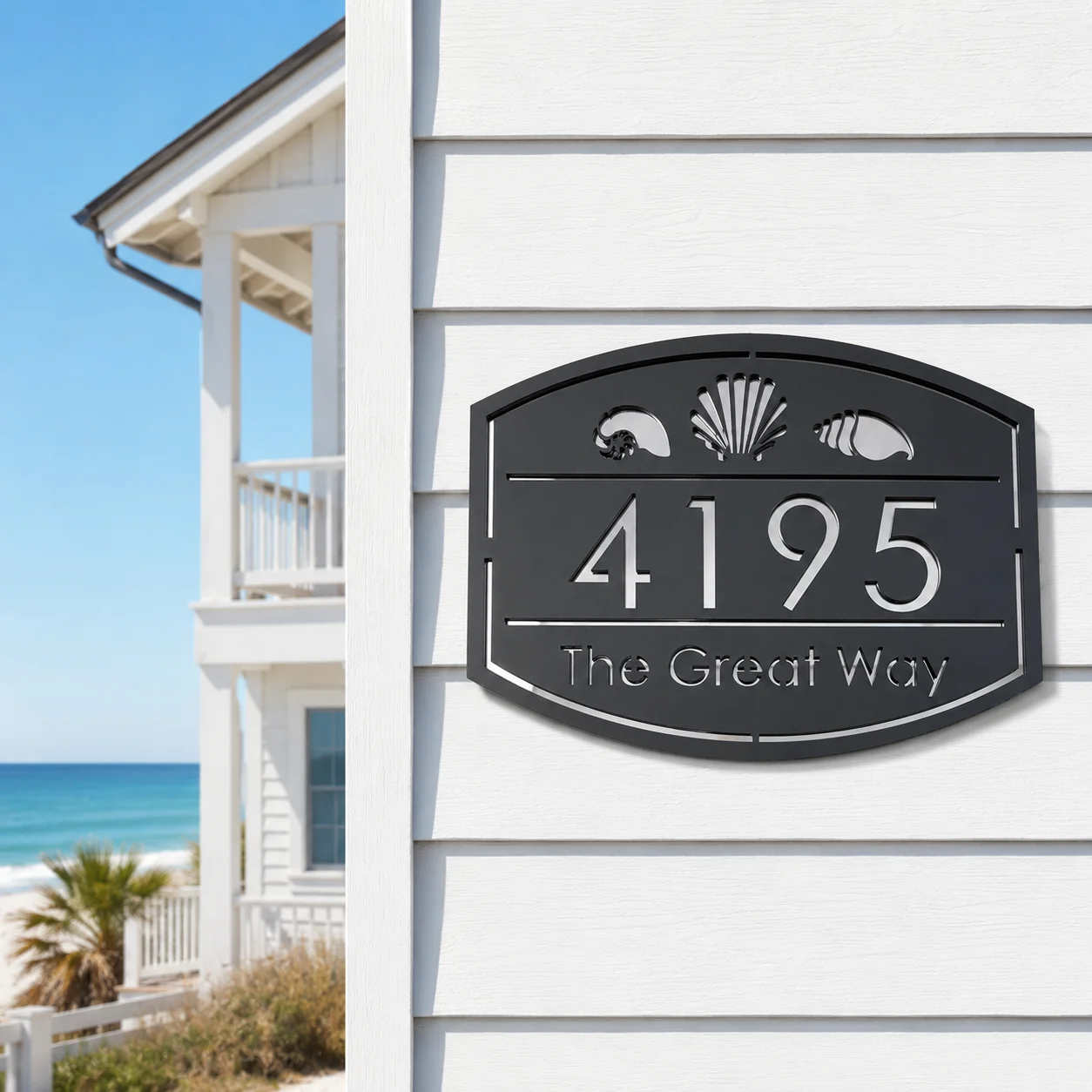 Personalized Acrylic Beack House Number Sign Custom Address Plaque Outdoor Door Number Plate Wall Mounted Nautical Shell Decor