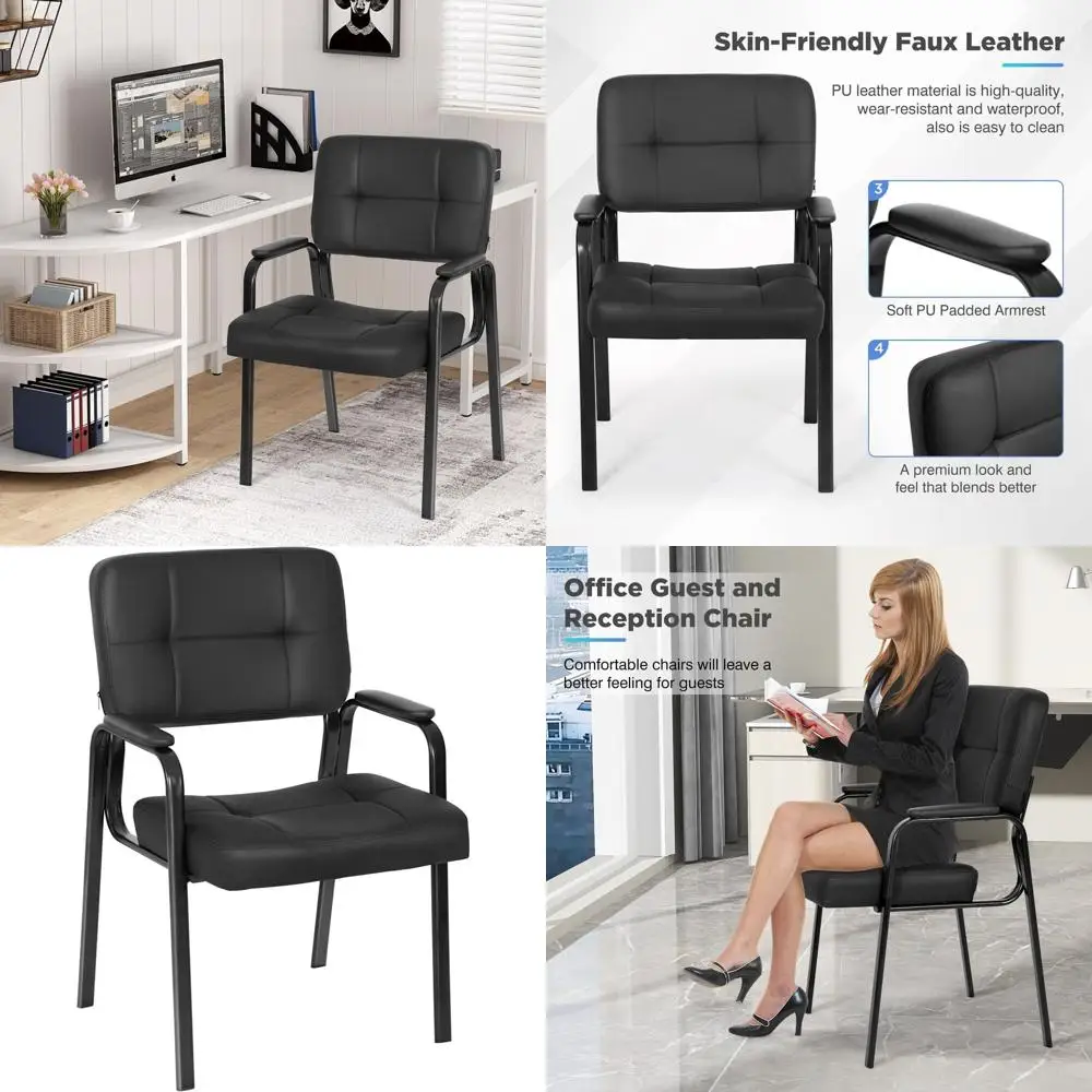 

Ergonomic PU Leather Chair with Padded Armrests, Ideal for Waiting Areas, Home Offices, and Conference Rooms - Black