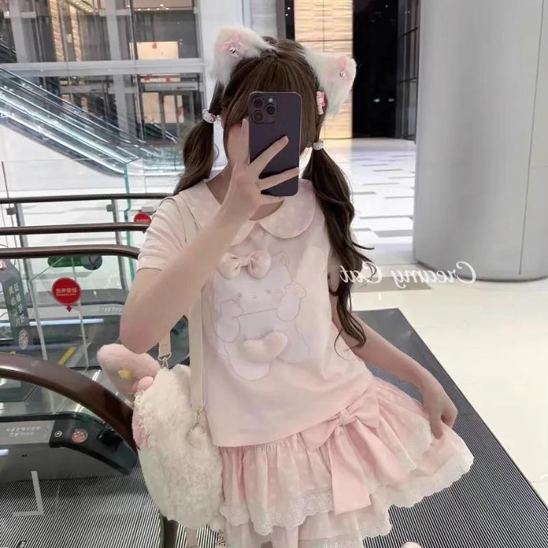 Pink Japanese Style Y2k Sweet Cute Girl Bow Soft Sister A-line Skirt Daughter Polka Dot Lolita Cake Mini Korean Skirt Slim