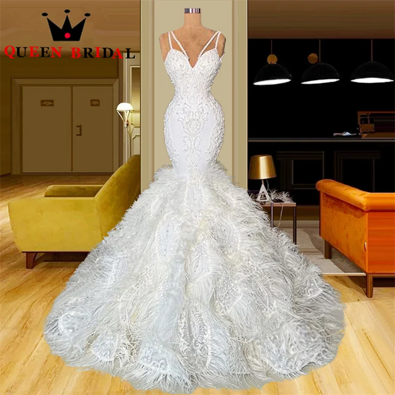 

Exquisite Pearls Beading Wedding Dress Tassel Spaghetti Straps V Neck Mermaid Sleeveless Bridal Gown Robe De Mariée Custom Y57X