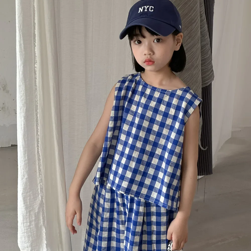 Children's Set 2026 Summer Girls Korean Checkered Tank Top Wide Leg Pants Two piece Set for Children's Casual Loose Set