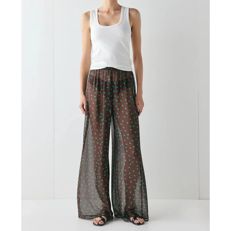 

Womens See Through Mesh Pants Y2k Dot Print Elastic Waist Wide Leg Loose Trousers Bikini Cover up Sheer Beach Bottoms