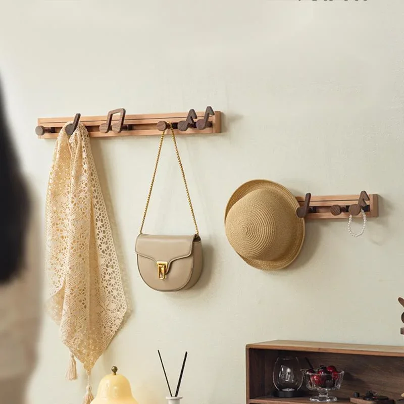 Nordic Home Wall Hooks Creative Solid Wood Towel Holder Mobile Musical Note Clothes Rack Stable Load-bearing Storage Shelves