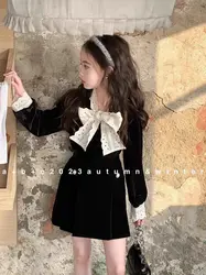 New Baby Girls Fall Fashion Velour Boutique Sets,  Bow Blosue  +  Skirts   , Princess Elegant Suits 3-8 T
