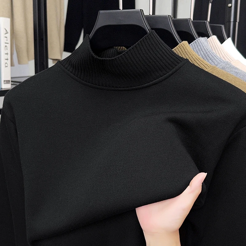 Maglione lavorato a maglia da uomo autunno e inverno girocollo maniche lunghe tinta unita girocollo semi alto pullover camicia base tendenza