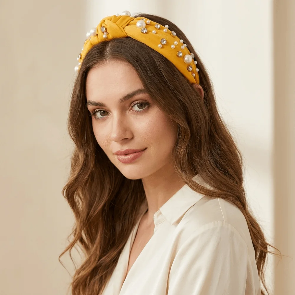 

Solid Color Rhinestone Pearl Hairband Wide Edge Nail Pearl Head Hoop Hair Ornament Knot Style Baroque Headband Hair Accessories