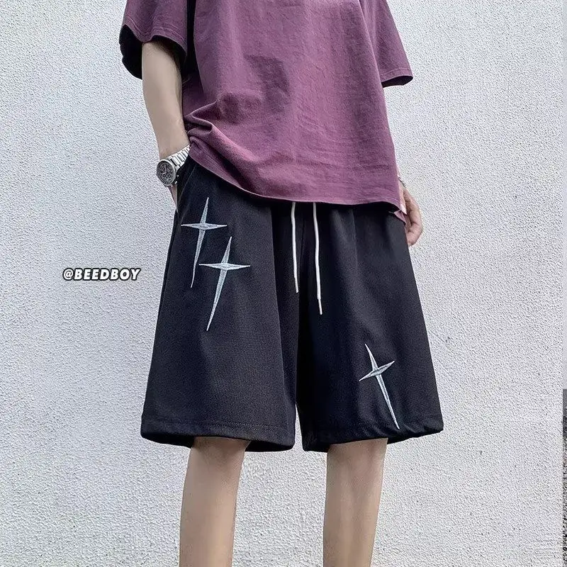 Summer American Retro Embroidered Knitted Men's Versatile Street Loose Straight Five-point Beach Pants