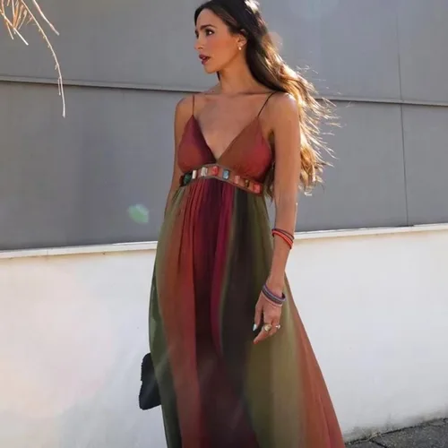 Imagen 2 del producto Vestidos con cuello en V profundo para mujer, sexys, de cintura alta, Y2k, elegantes, para fiesta, estampados, plisados, sin mangas, para vacaciones