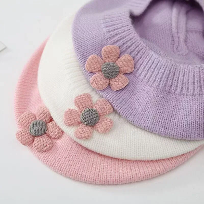 Gorro de boina de flores para bebé, gorro de punto cálido para invierno para niñas pequeñas, gorros de pintor de Color sólido de artista de princesa coreano para niños pequeños