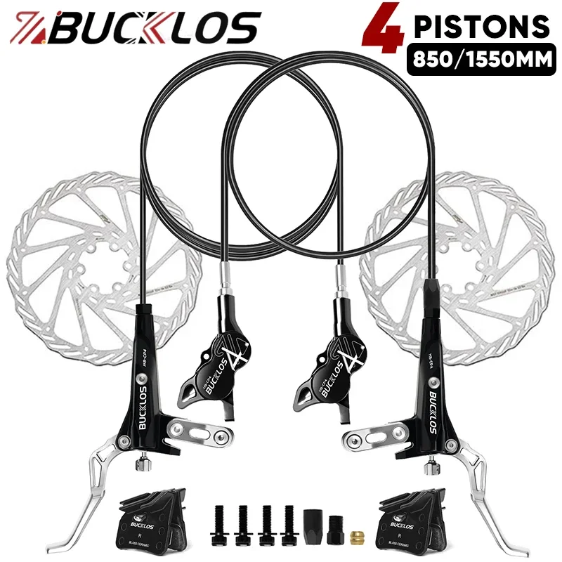 BUCKLOS 850/1550mm 4 Piston MTB Brake Set Road Mountain Bike Hydraulic Disc Brake Set 160mm Rotor Bicycle Oil Pressure Brakes 